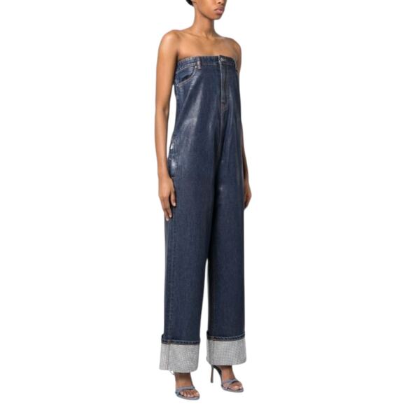 Alexander Wang Crystal Embellished Waxed Denim Strapless Jumpsuit - Picture 3 of 16